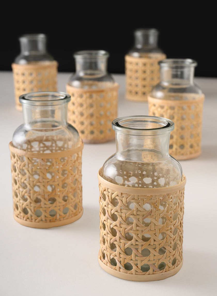 5in Tall Indochine Cane Weaved Glass Bottle Vase Decor Jamaligarden