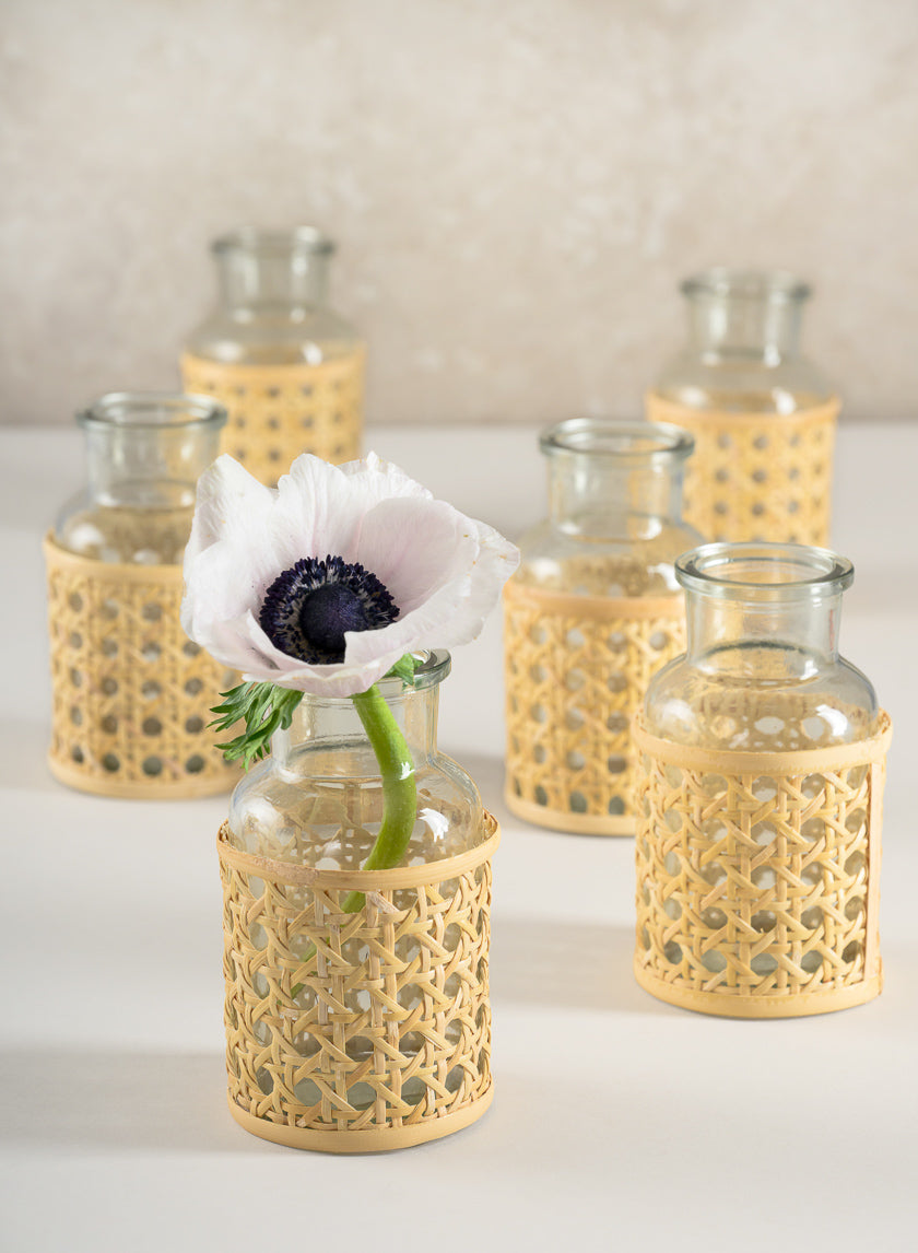 5in Tall Indochine Cane Weaved Glass Bottle Vase Decor Jamaligarden