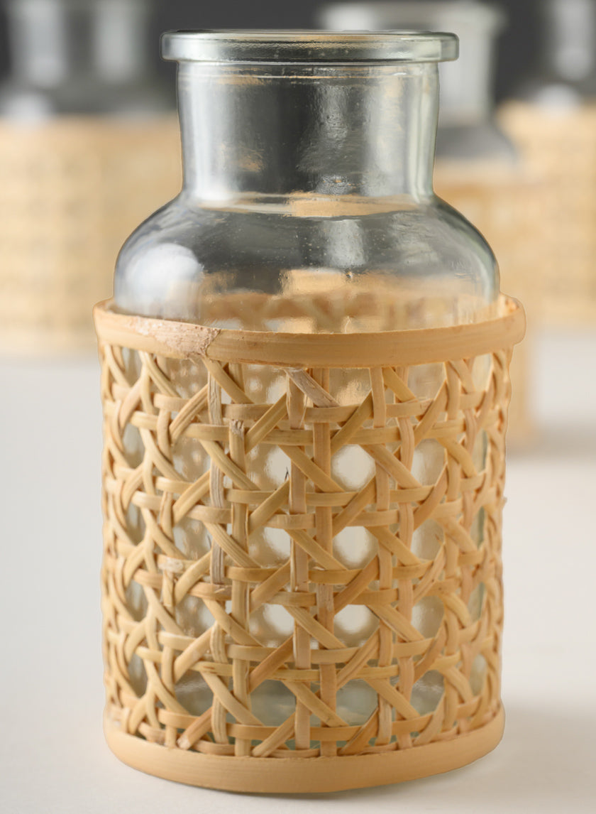5in Tall Indochine Cane Weaved Glass Bottle Vase Decor Jamaligarden