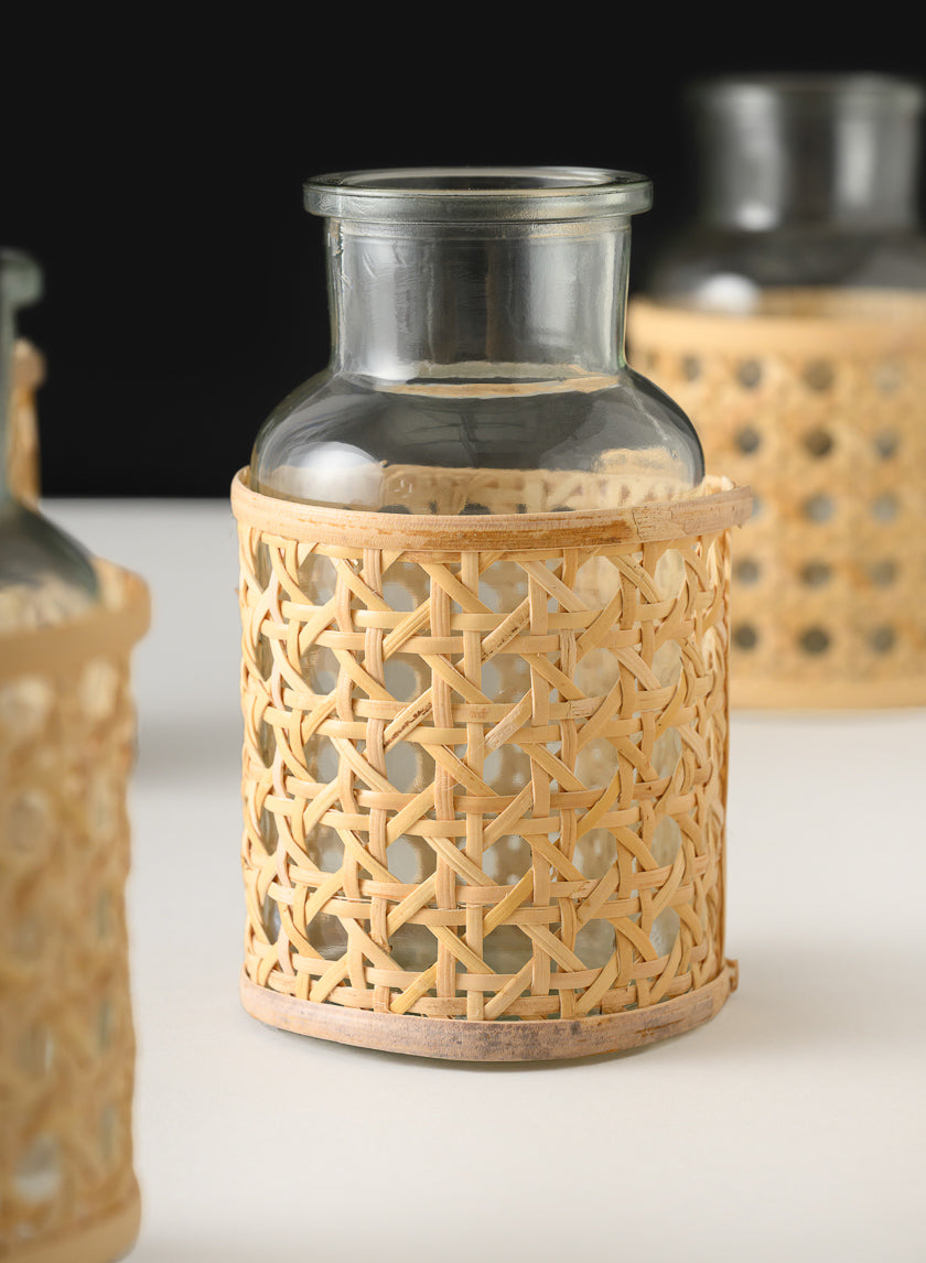 5in Tall Indochine Cane Weaved Glass Bottle Vase Decor Jamaligarden