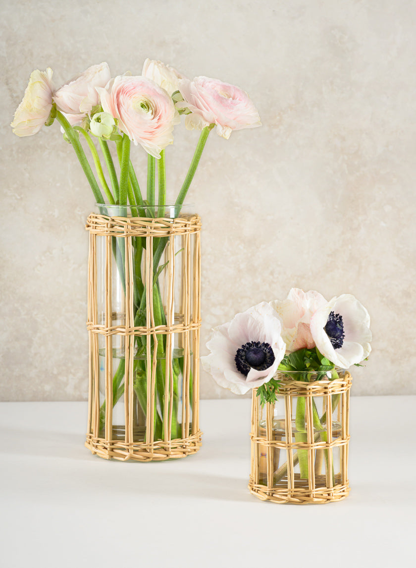 4.5in Tall Halong Cane Weaved Short Glass Cylinder Decor Jamaligarden