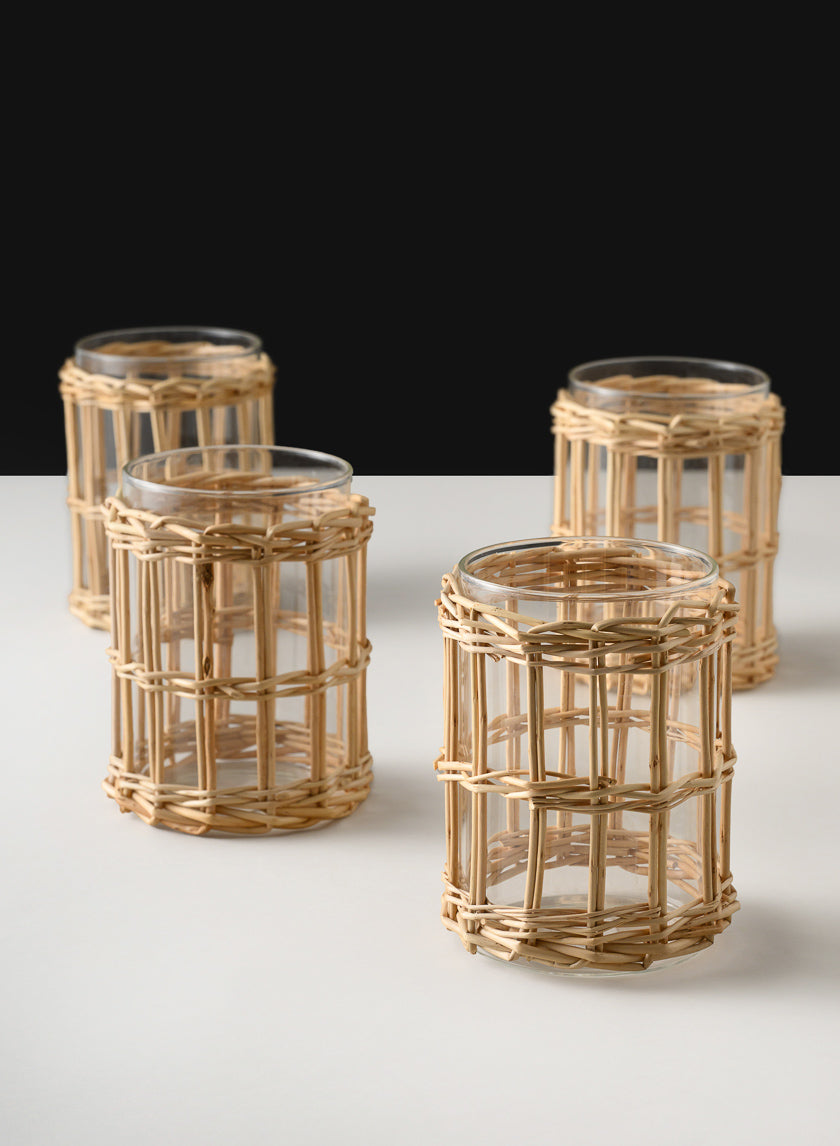 4.5in Tall Halong Cane Weaved Short Glass Cylinder Decor Jamaligarden