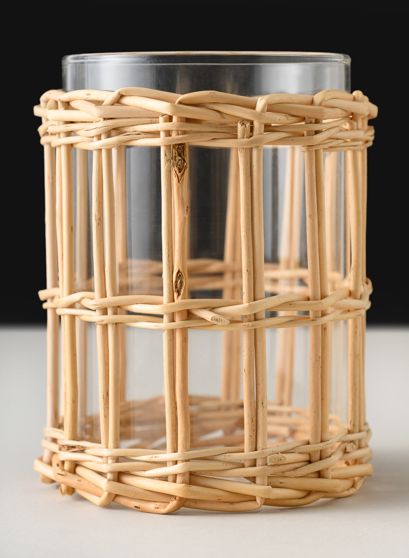 4.5in Tall Halong Cane Weaved Short Glass Cylinder Decor Jamaligarden