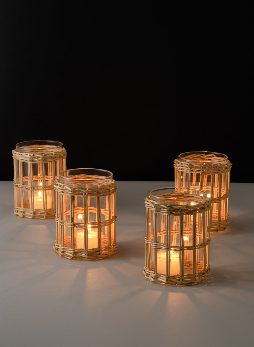 4.5in Tall Halong Cane Weaved Short Glass Cylinder Decor Jamaligarden