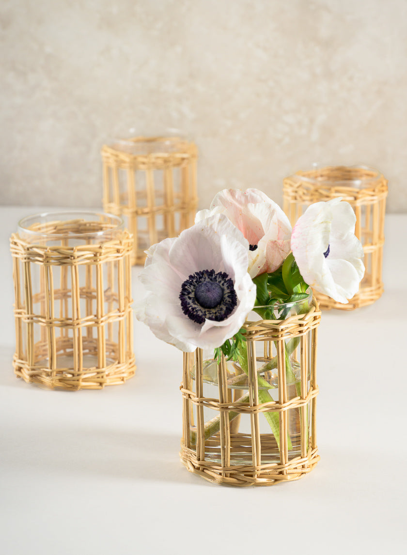 4.5in Tall Halong Cane Weaved Short Glass Cylinder Decor Jamaligarden