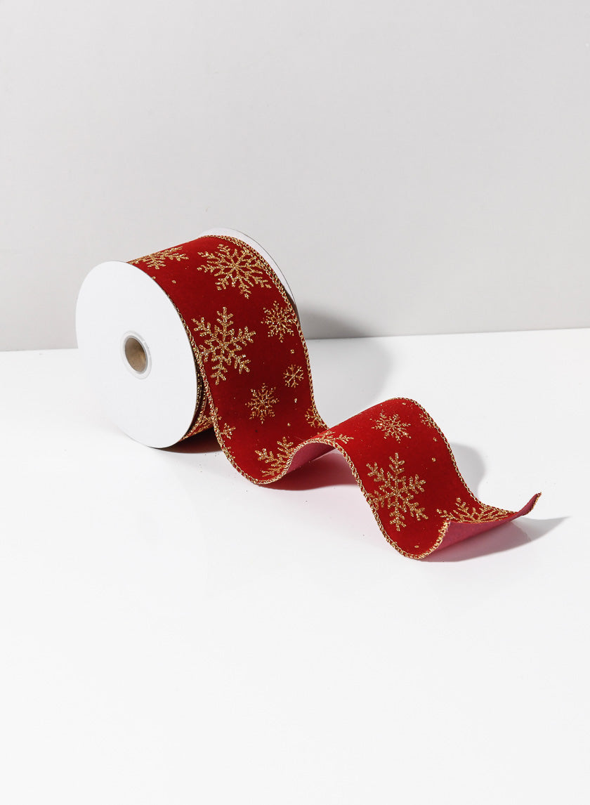 30ft Roll Ribbon - Red Flock W/Gold Glitter Snowflake Decor Jamaligarden