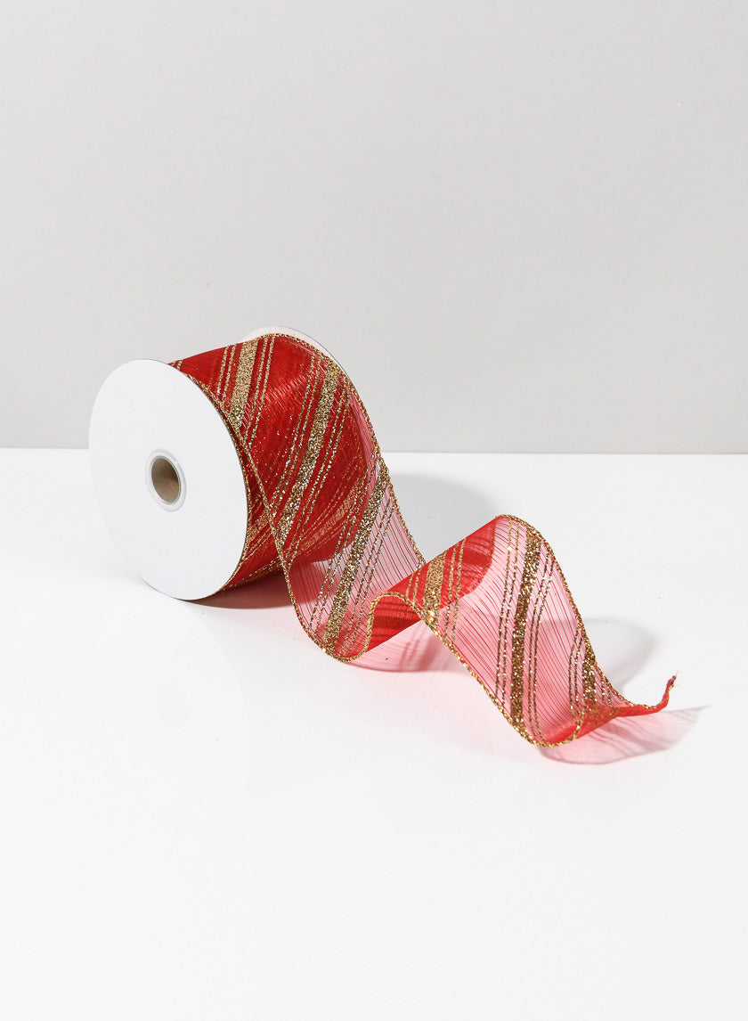 30ft Roll Ribbon - Red Sheer W/Gold Glitter Decor Jamaligarden
