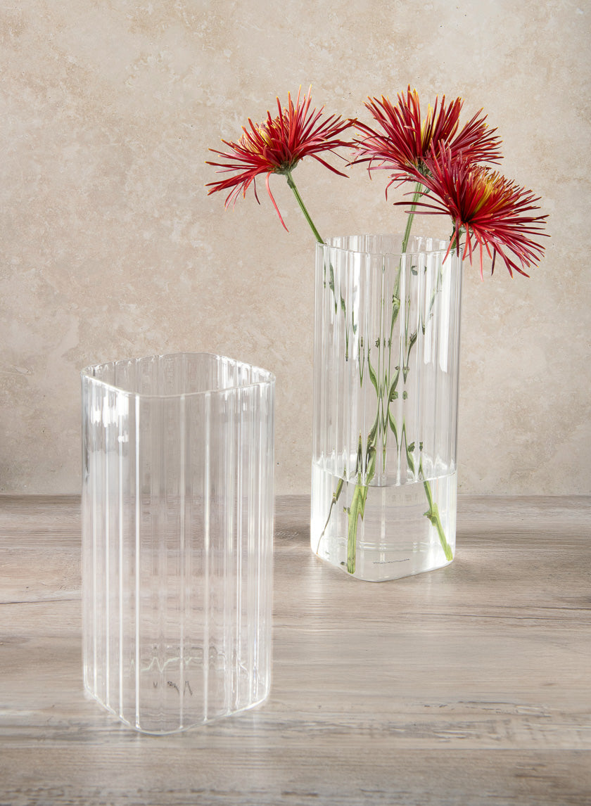 10in Tall Vendome Rounded Square Ribbed Glass Vase Decor Jamaligarden