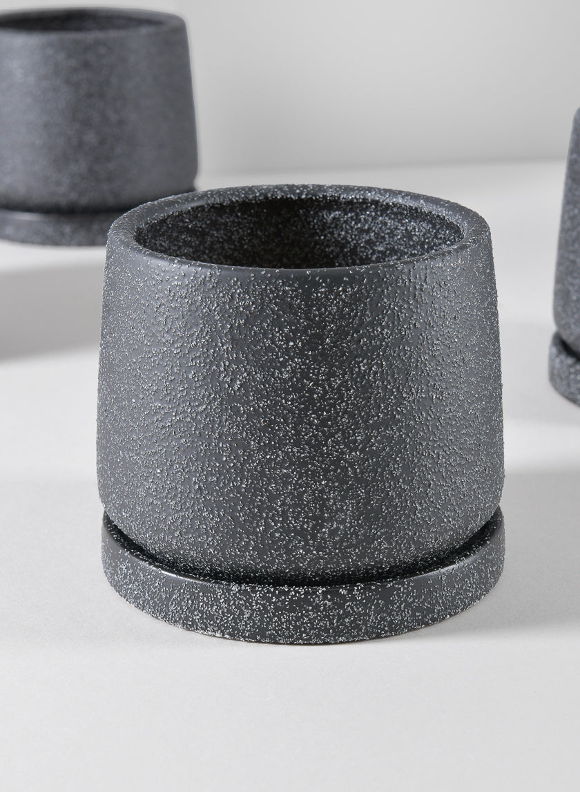 4in Tall Sigtura Sand Black Indoor Ceramic Pot with Saucer Decor Jamaligarden