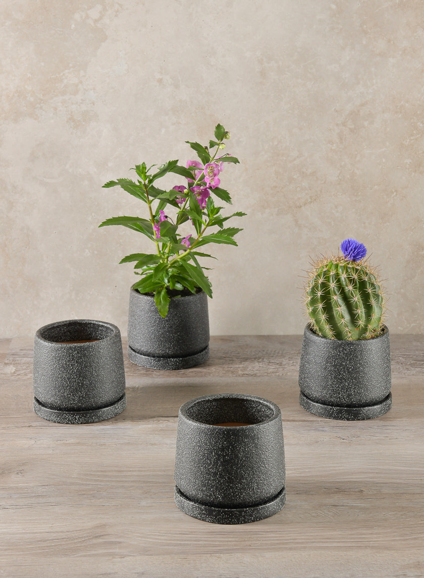 4in Tall Sigtura Sand Black Indoor Ceramic Pot with Saucer Decor Jamaligarden