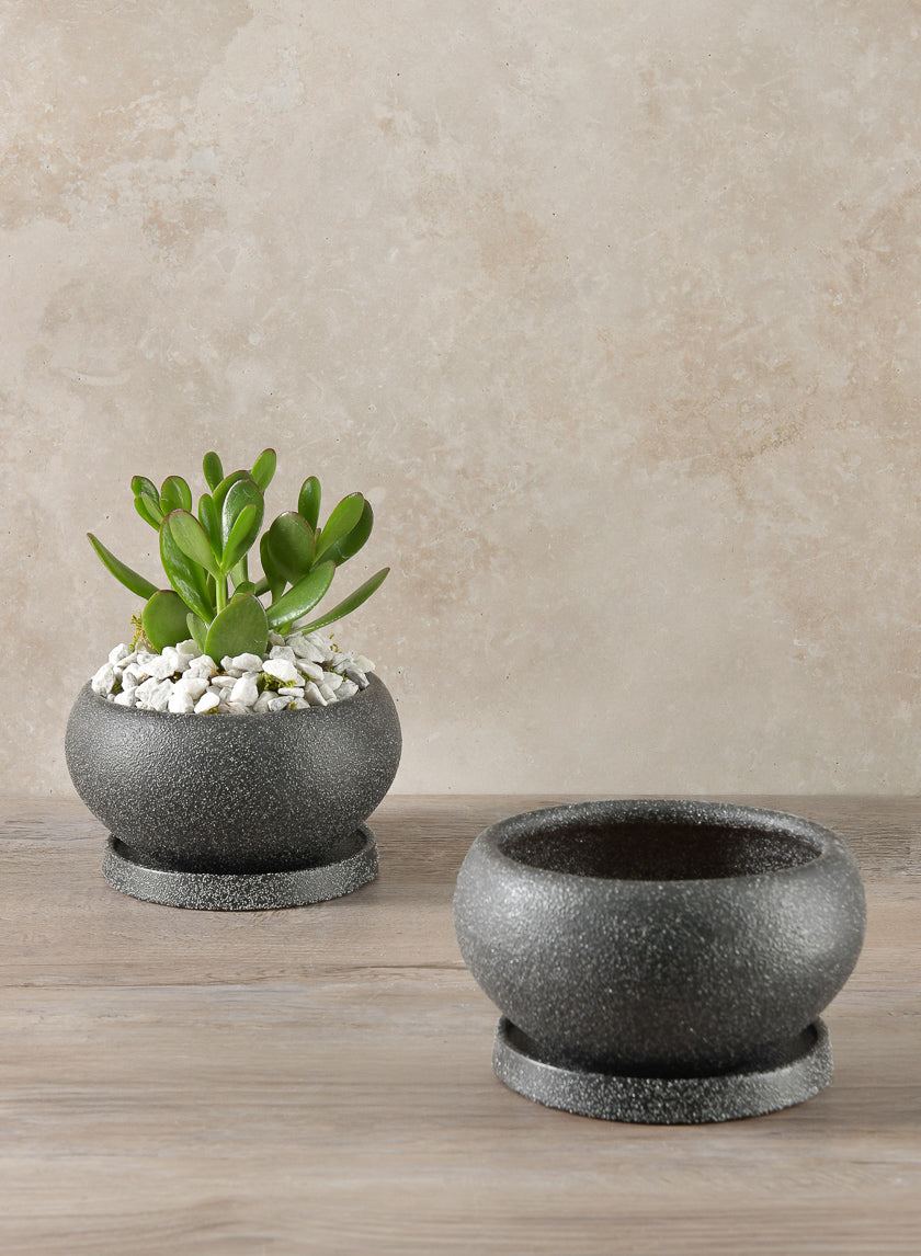 6in Wide Vasteras Sand Black Low Ceramic Pot with Saucer Decor Jamaligarden