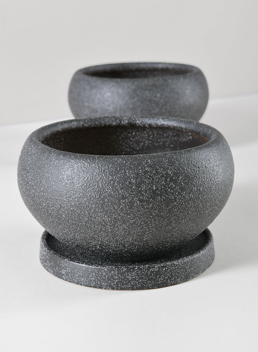 6in Wide Vasteras Sand Black Low Ceramic Pot with Saucer Decor Jamaligarden