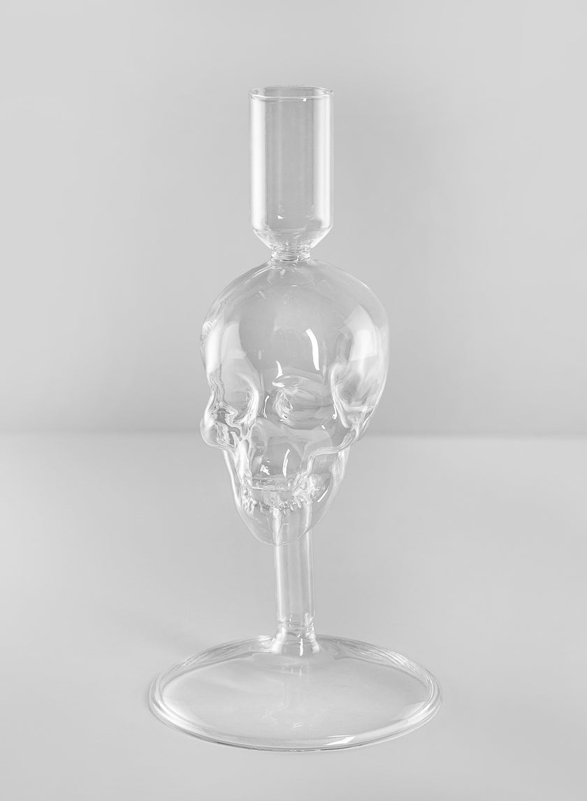 7.5in Tall Skull Glass Candle Stick Decor Jamaligarden