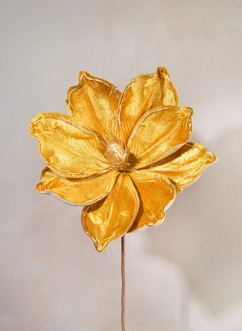 12in Long Flocked Gold Magnolia Pick Decor Jamaligarden