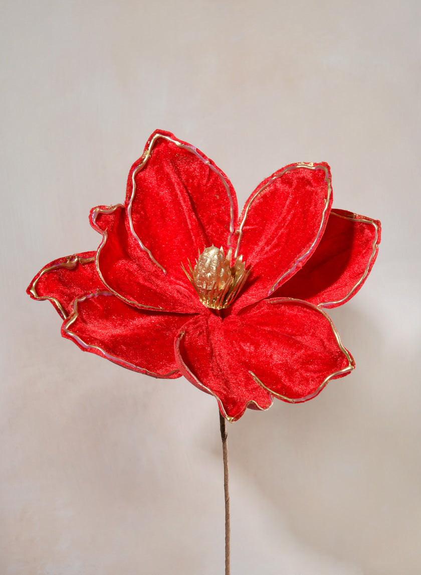 12in Long Flocked Red Magnolia Pick Decor Jamaligarden