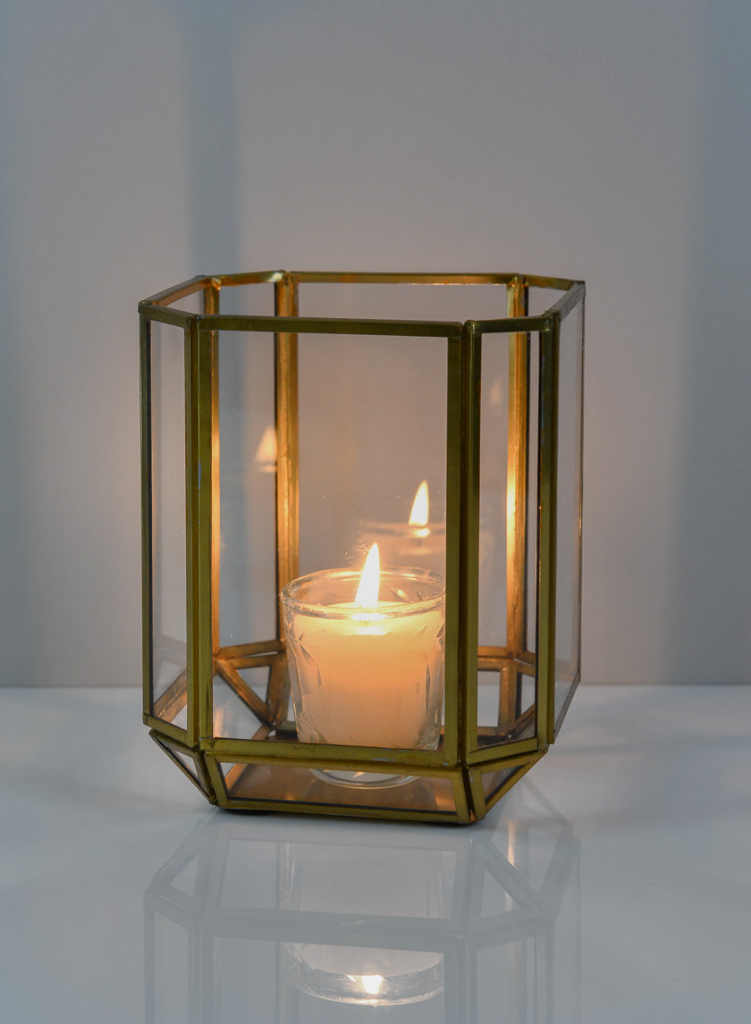 6in Tall Fatemeh Gold Trim Glass Panel Candle Holder Decor Jamaligarden