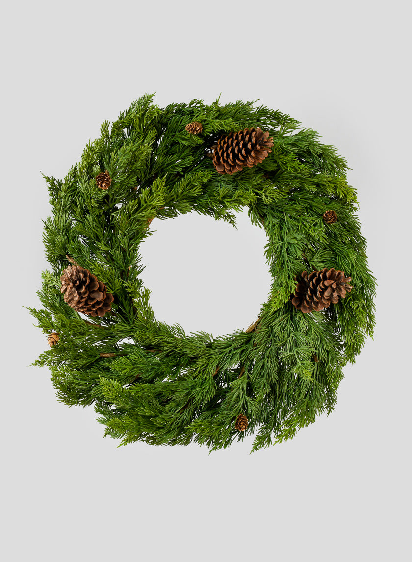 24in Wide Green Cypress Wreath With Pine Cones Decor Jamaligarden