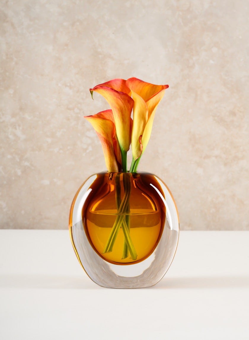 5.5in Tall Norvege Clear and Amber Glow Hand Blown Short Glass Vase Decor Jamaligarden