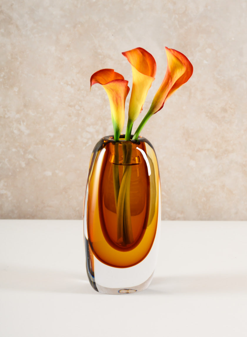 8.5in Tall Norvege Clear and Amber Glow Hand Blown Glass Vase Decor Jamaligarden