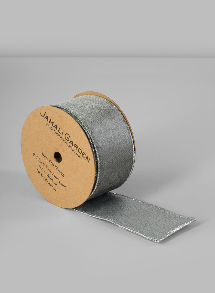 2 1/2in Wired Double Sided Silver Velvet and Glitter Ribbon Decor Jamaligarden