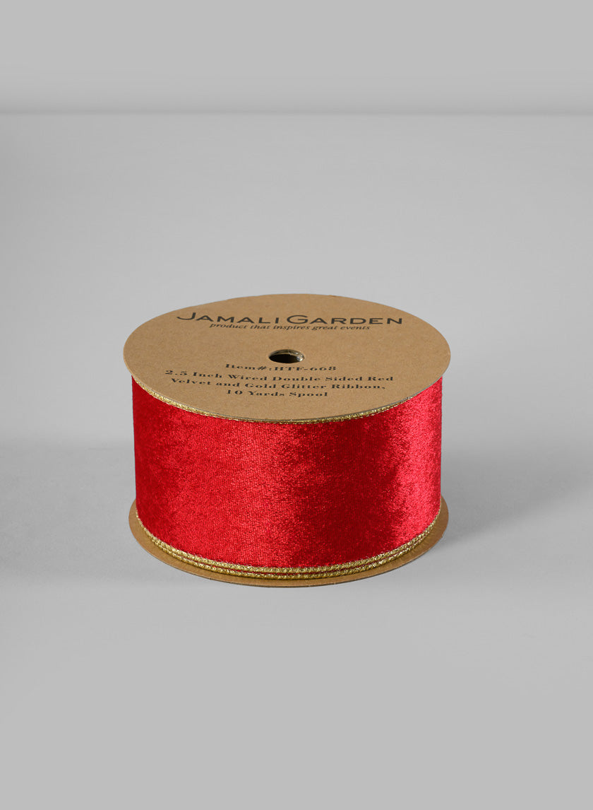 Wired Double Sided Velvet and Glitter Ribbon Decor Jamaligarden Red 10in EACH