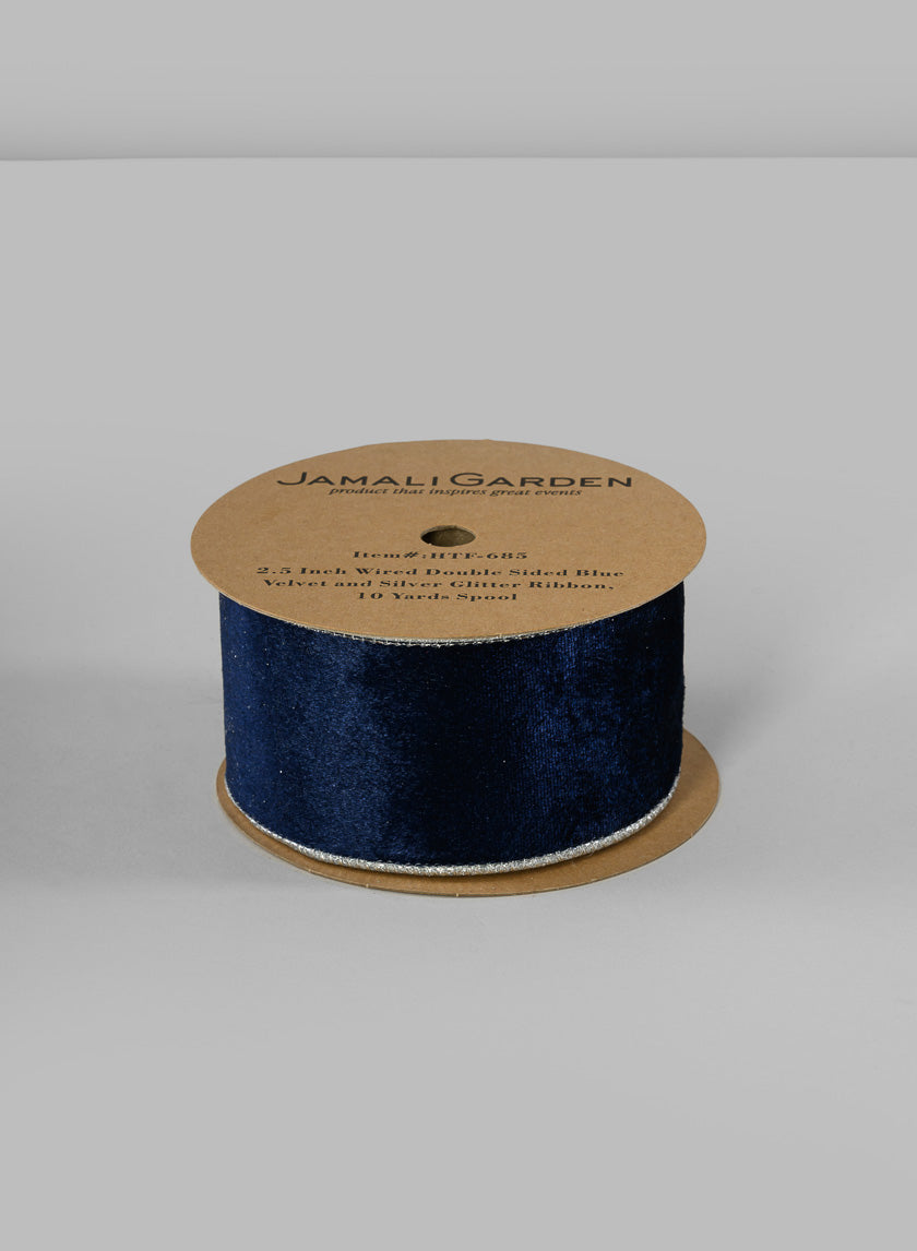 2 1/2in Wired Double Sided Blue Velvet and Silver Glitter Ribbon Decor Jamaligarden