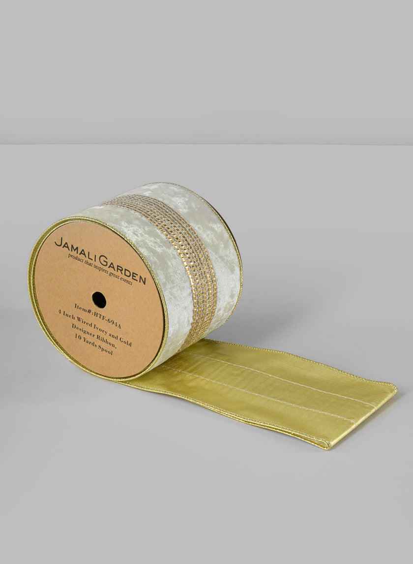 4in Wired Ivory and Gold Designer Ribbon, 10 yards Spool Decor Jamaligarden