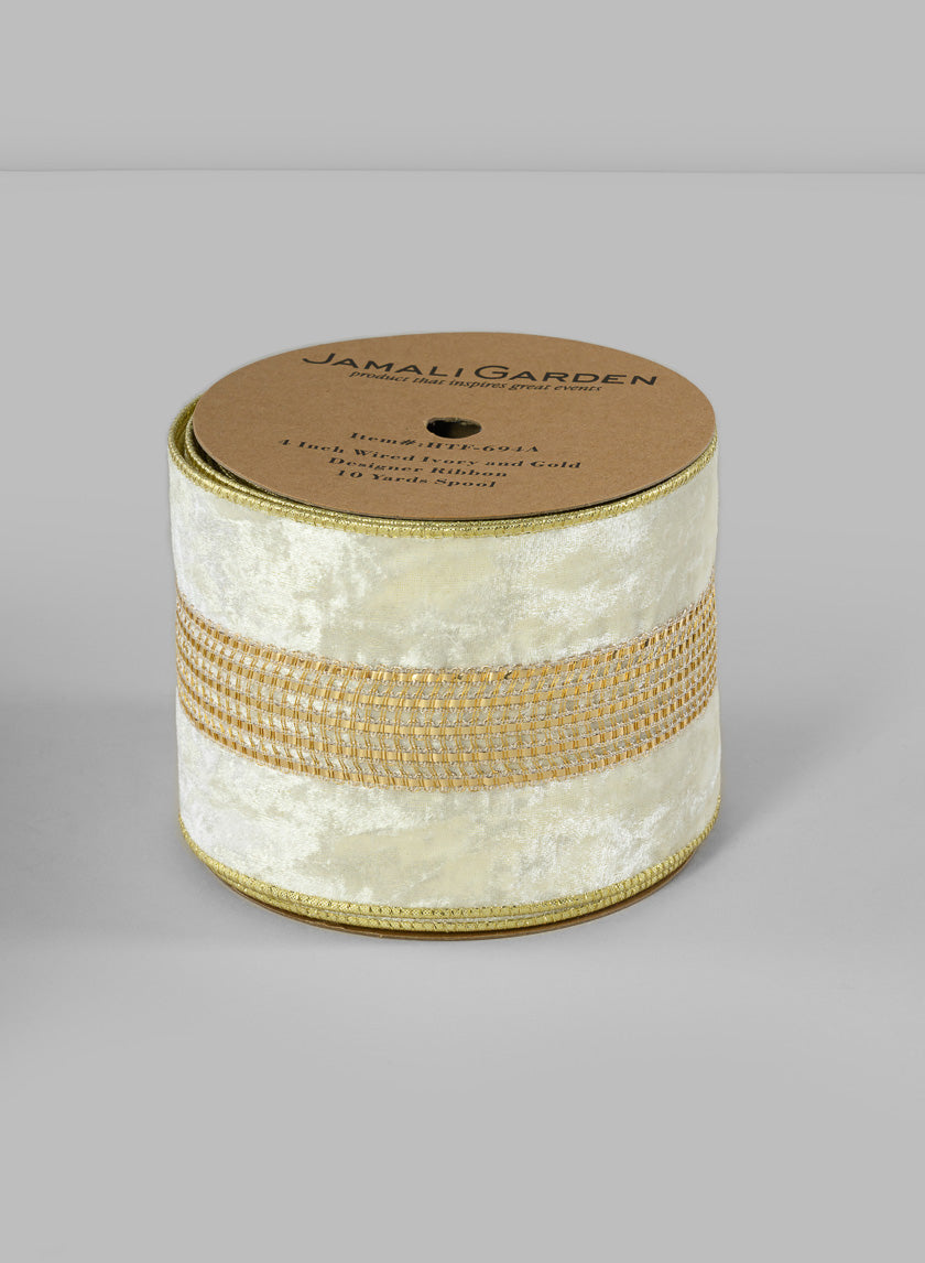 Wired Ribbon, 10 yards Spool Decor Jamaligarden Ivory and Gold 10in EACH