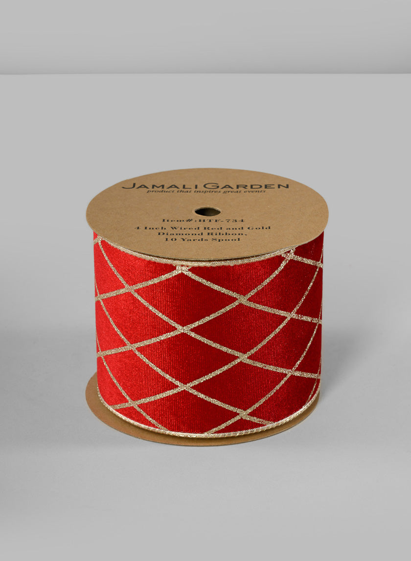 Wired Ribbon, 10 yards Spool Decor Jamaligarden Red Gold Diamond 10in EACH