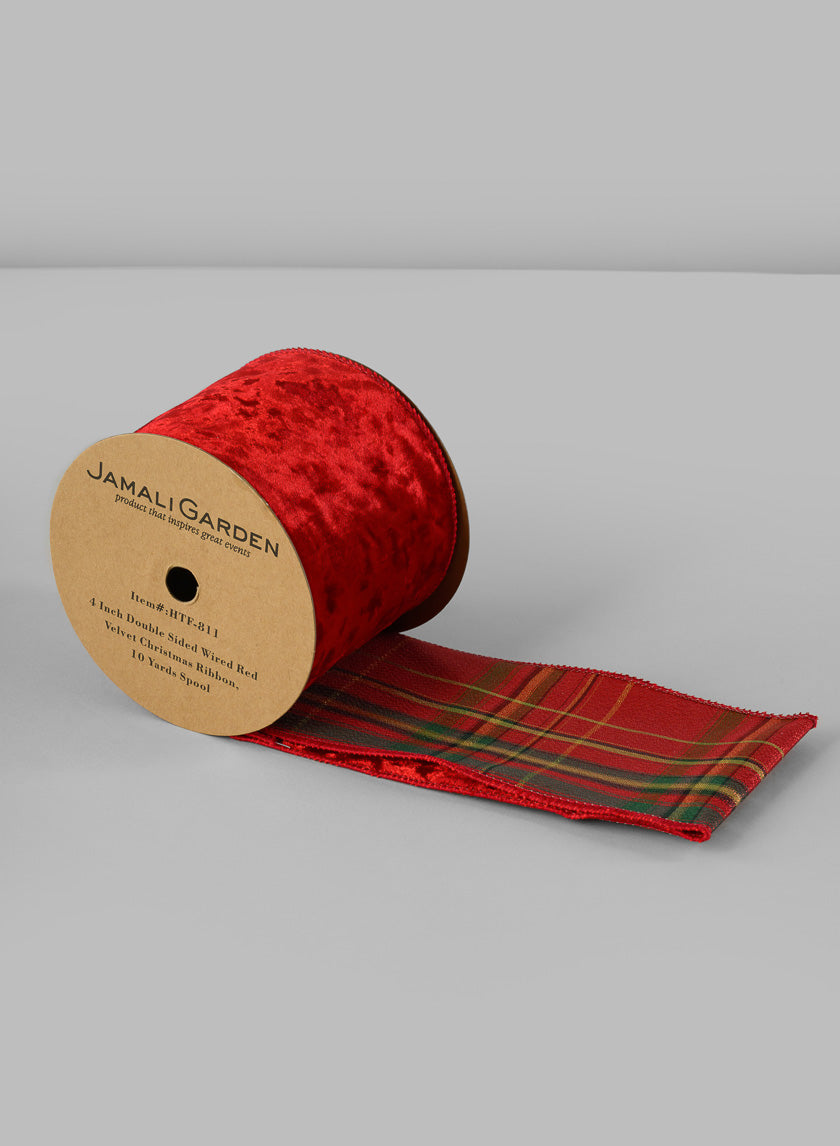 4in Double Sided Wired Red Velvet Christmas Ribbon, 10 Yards Decor Jamaligarden