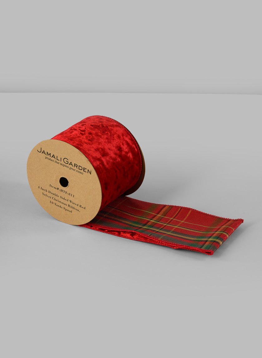 4in Double Sided Wired Red Velvet Christmas Ribbon, 10 Yards Decor Jamaligarden