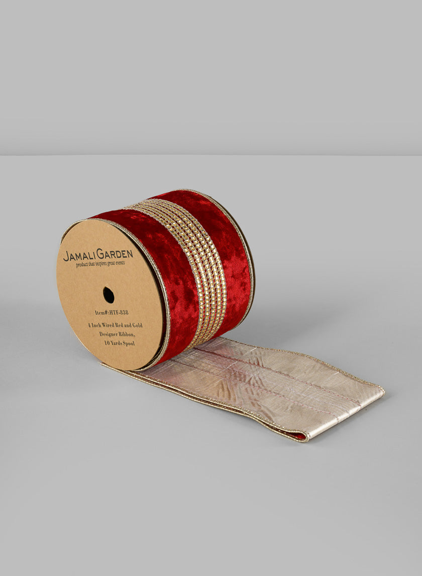 4in Wired Red and Gold Designer Ribbon, 10 yards Spool Decor Jamaligarden