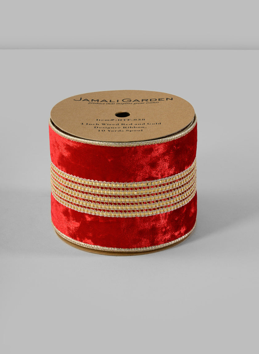 Wired Ribbon, 10 yards Spool Decor Jamaligarden Red and Gold 10in EACH