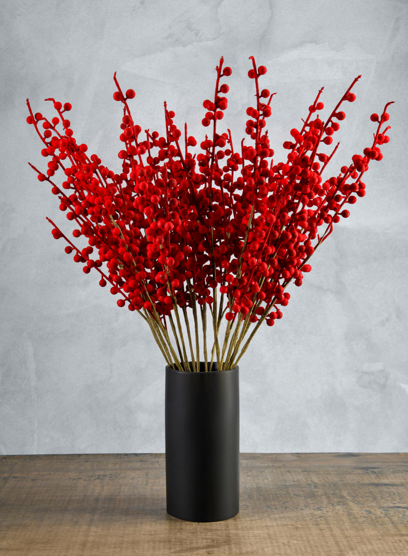24in Long Red Flocked Berry Stem Decor Jamaligarden