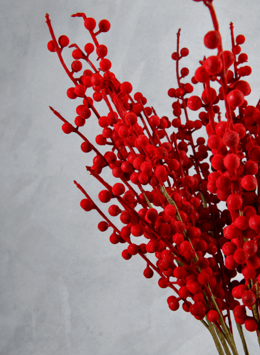 24in Long Red Flocked Berry Stem Decor Jamaligarden
