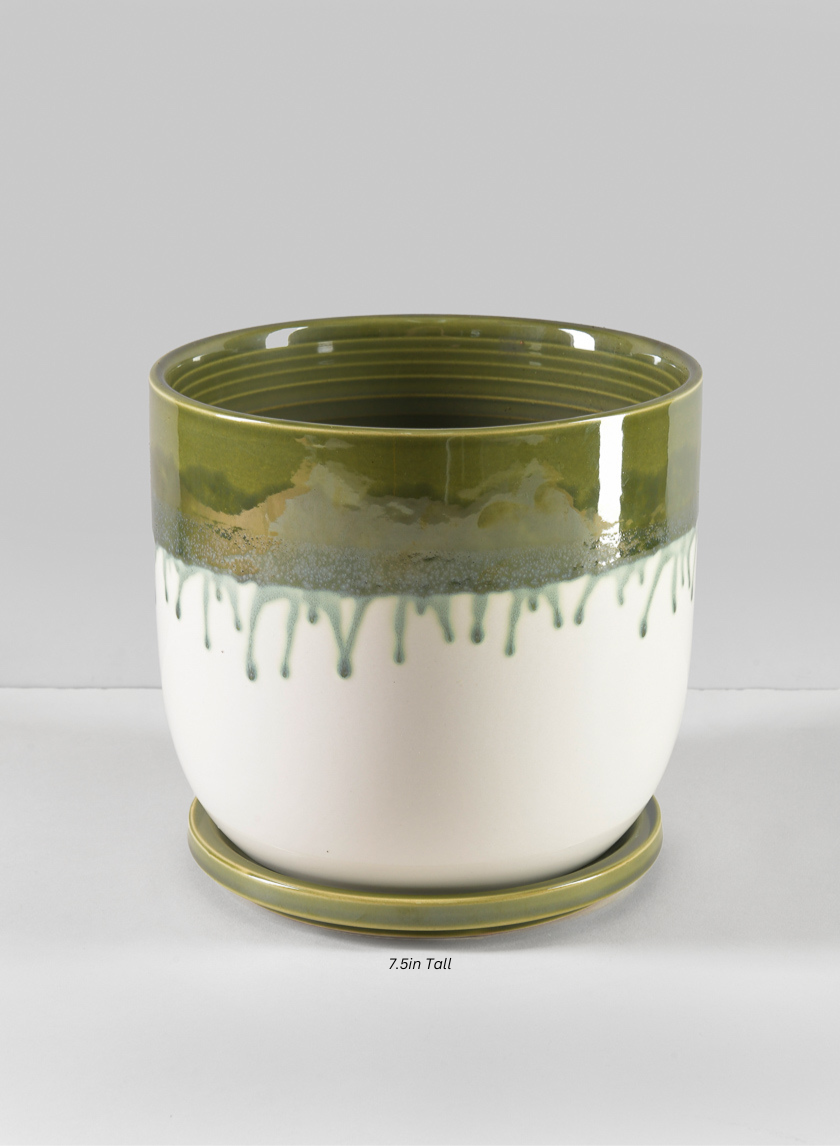 Harami Running Green Pot with Saucer Decor Jamaligarden Green and White 7.5in Tall EACH