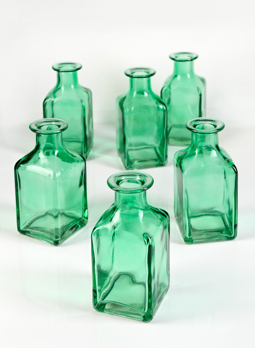 4.5in Tall Mexican Green Glass Square Bottle Bud Vase Decor Jamaligarden
