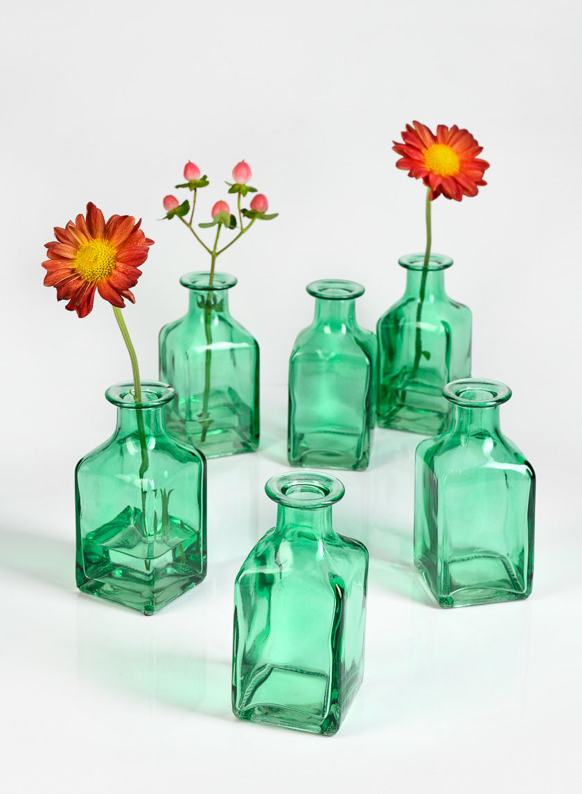 4.5in Tall Mexican Green Glass Square Bottle Bud Vase Decor Jamaligarden