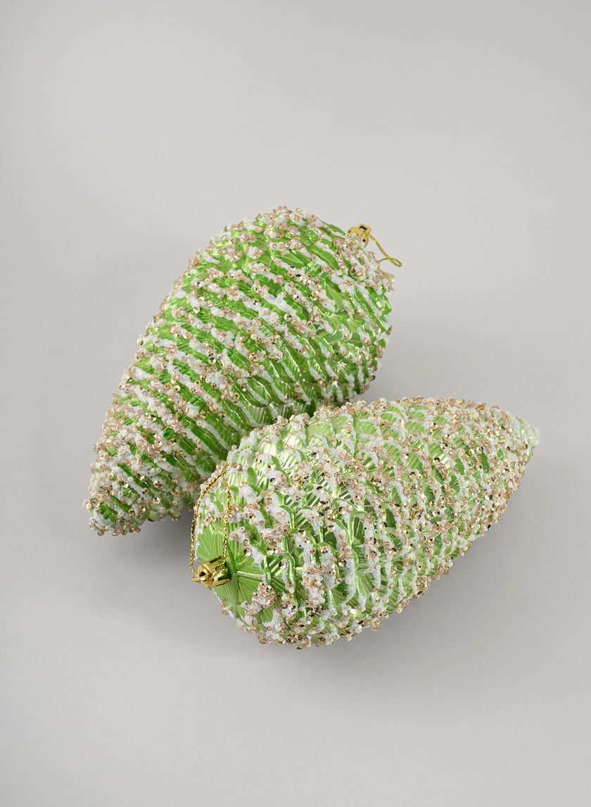 7in Long Glittered Green Tone Pine Cone, Set of 2 Decor Jamaligarden