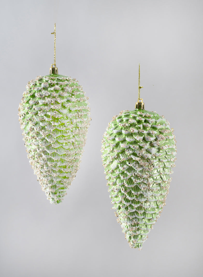 7in Long Glittered Green Tone Pine Cone, Set of 2 Decor Jamaligarden
