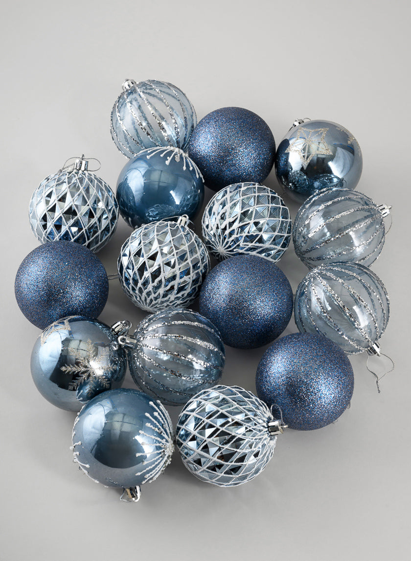 3in Round Blue-Grey Luxe Ornament Collection, Set of 16 Decor Jamaligarden