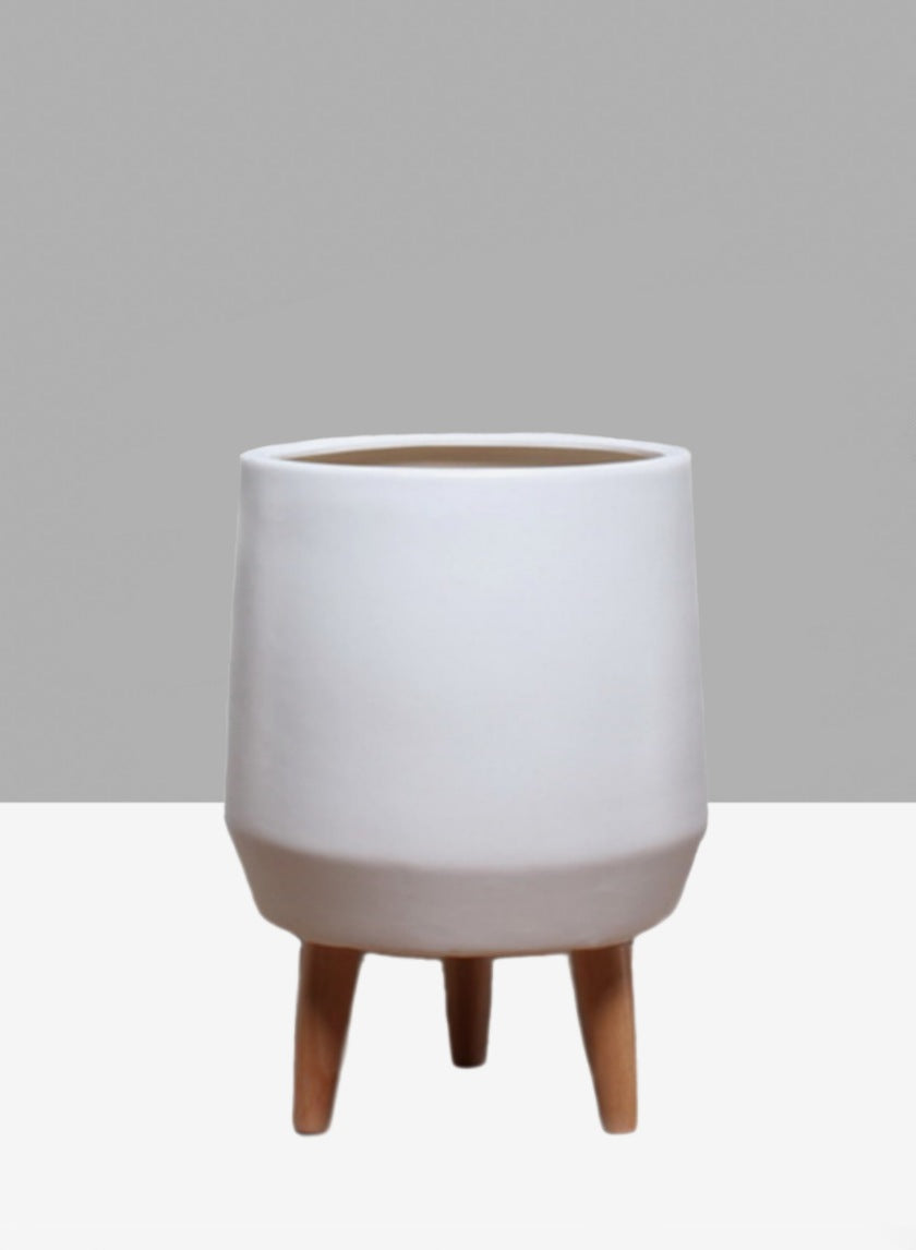 16.5in Tall Breakers Matte White Ceramic Planter With Wood Legs Decor Jamaligarden