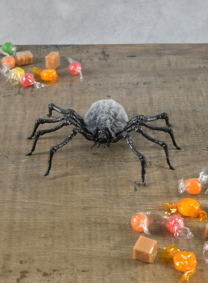 7in Long Grey Fluffy Spider, Large Decor Jamaligarden
