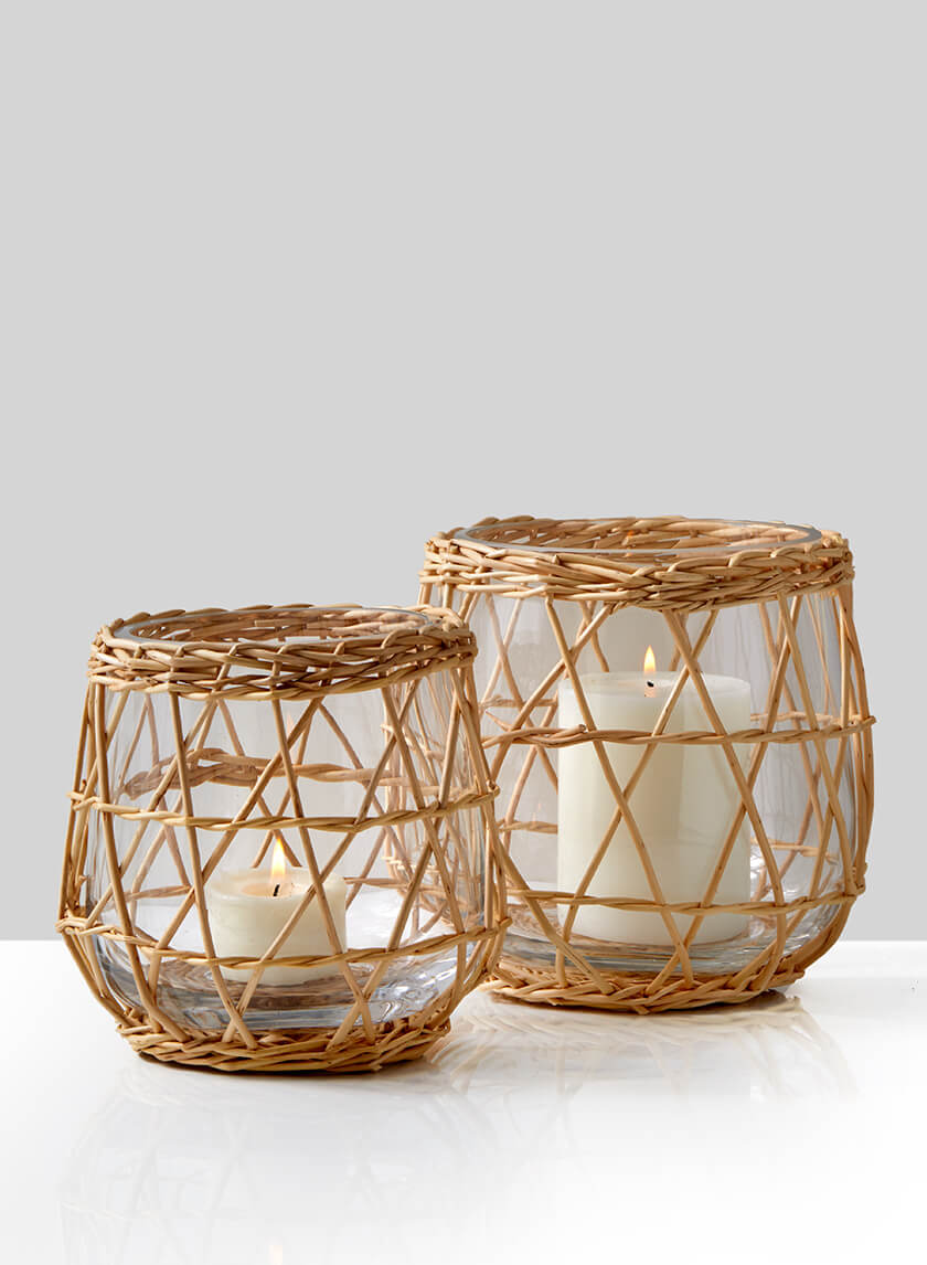 Hanoi Market Wicker &amp; Glass Candleholder Decor Jamaligarden