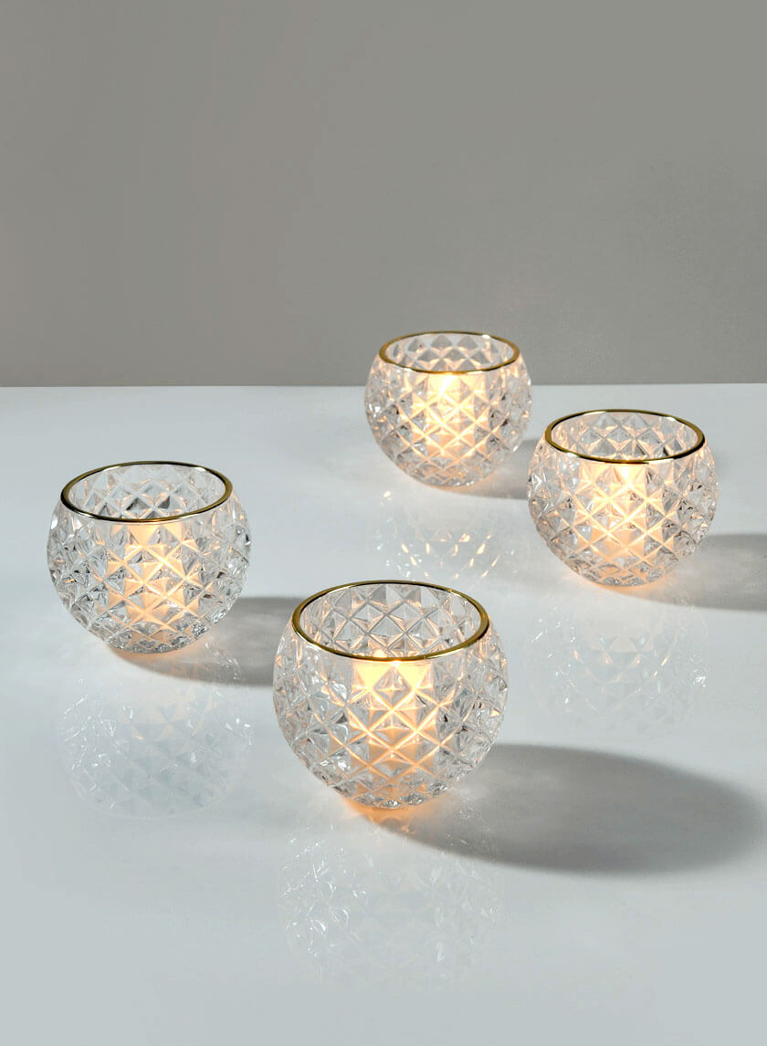 3in Wide Gold Rim Diamond Glass Fishbowl Tea Light Holder Decor Jamaligarden