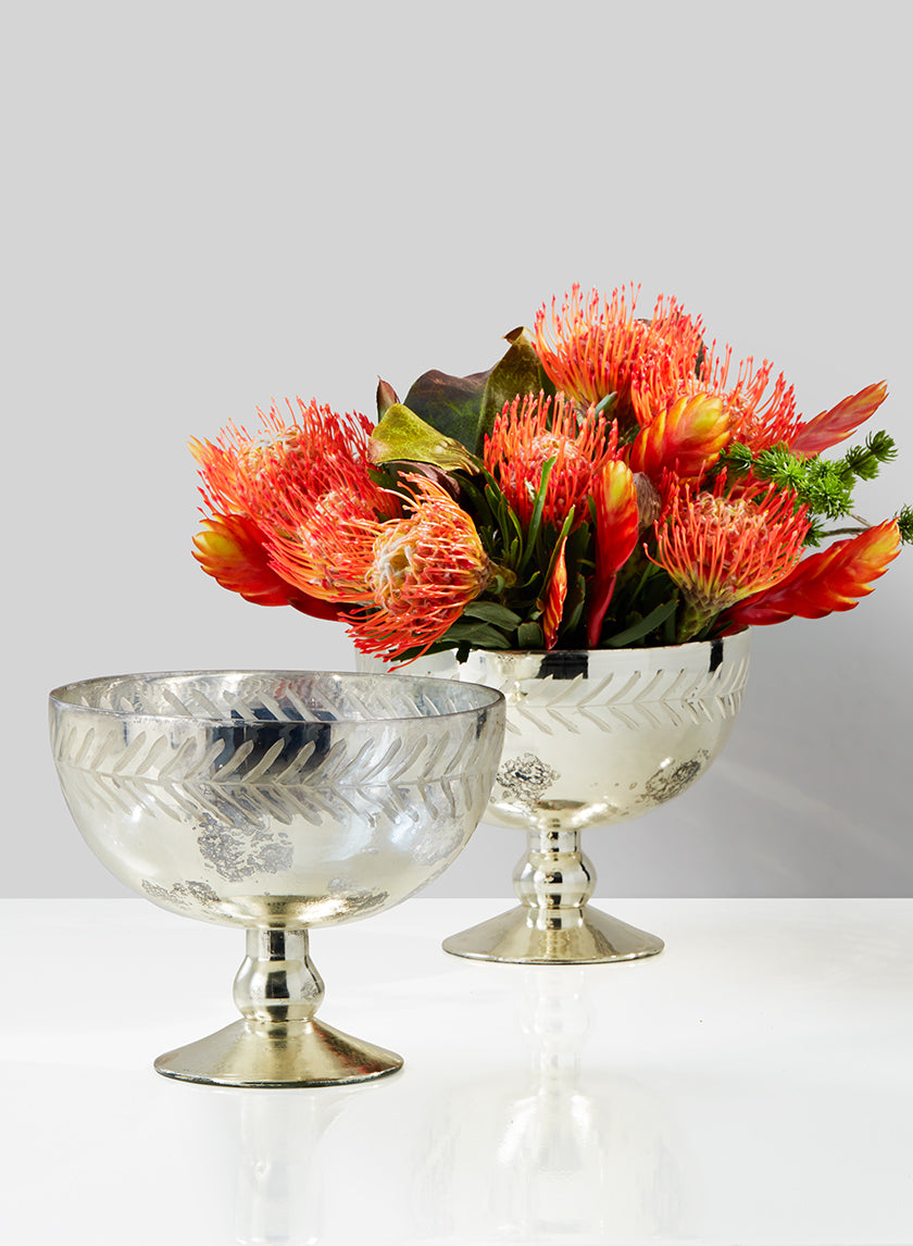 6.5in Tall Etched Leaf Vintage Mercury Glass Bowl Decor Jamaligarden