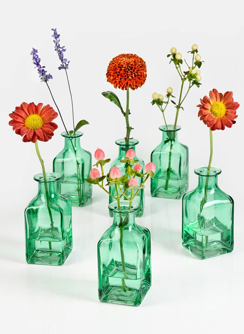 4.5in Tall Mexican Green Glass Square Bottle Bud Vase Decor Jamaligarden