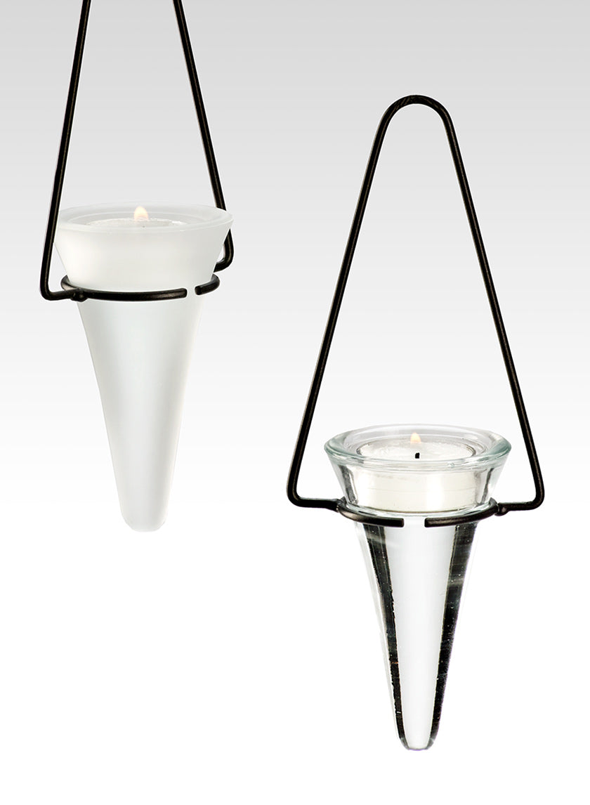 8.5in Tall Hanging Clear &amp; Frost Glass Cone Tea Light Holders Decor Jamaligarden