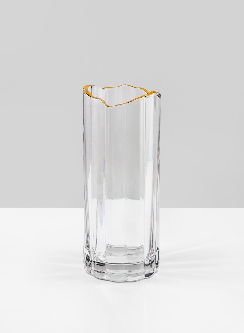 9.5in Tall Waves Gold Rim Faceted Glass Vase Decor Jamaligarden