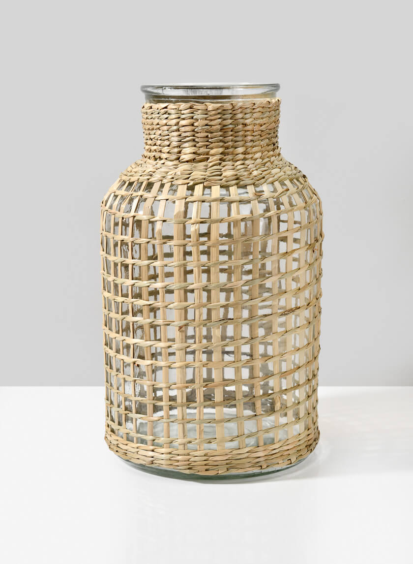 12.5in Tall Los Cabos Rattan Glass Vase, Large Decor Jamaligarden
